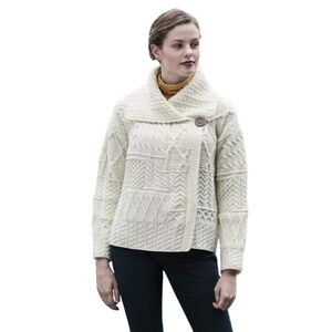 Vintage Irish Aran Woollen Mills One-Button Draped Collar Merino Sweater – XS